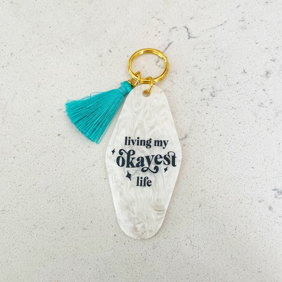 Living My Okayest Life Pearl Motel Fob Keychain Teal Tassel NWT - Picture 2 of 2